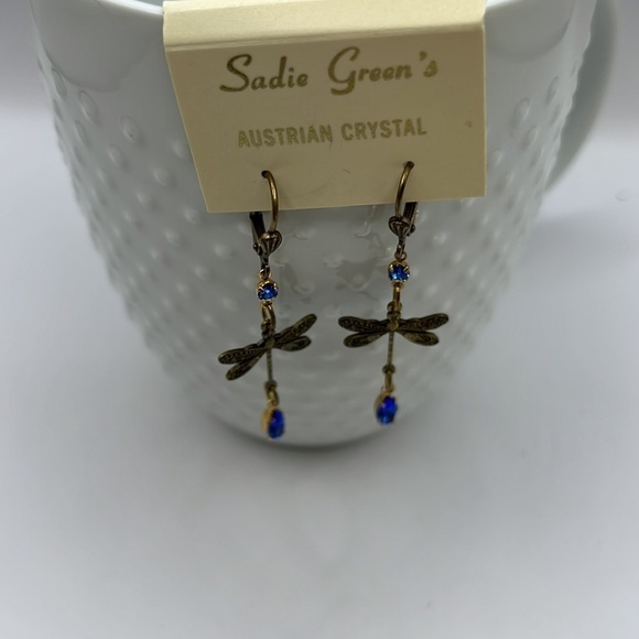 Blue Austrian Crystal Dragonfly Earrings. Brass Findings Dangling Earrings Blue - Picture 6 of 11